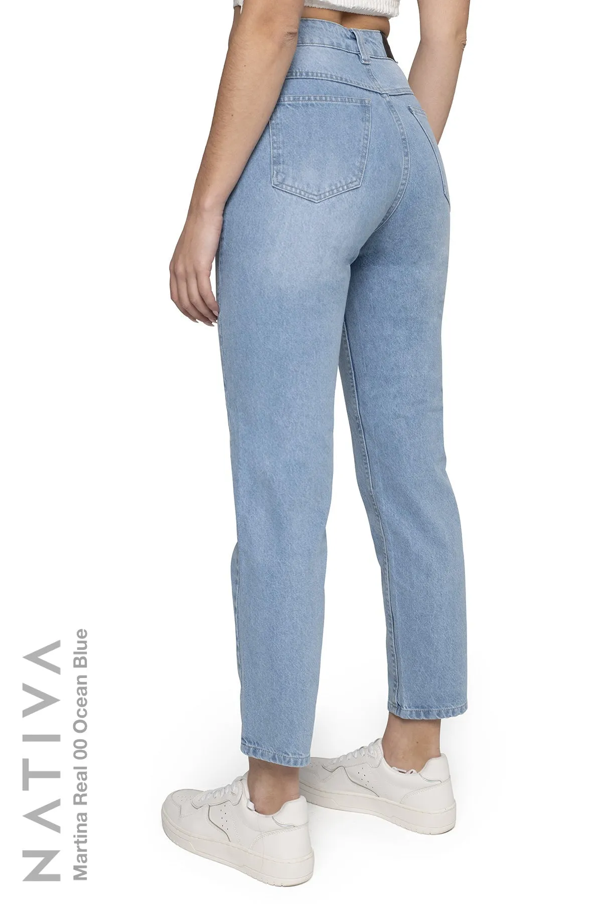 NATIVA, RIGID JEANS. MARTINA REAL 01 OCEAN BLUE, 100% True Denim Native Virgin Cotton, Ideal Comfort, Hi-Rise Relaxed Mom Jeans