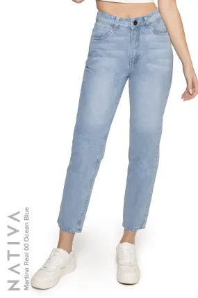 NATIVA, RIGID JEANS. MARTINA REAL 01 OCEAN BLUE, 100% True Denim Native Virgin Cotton, Ideal Comfort, Hi-Rise Relaxed Mom Jeans