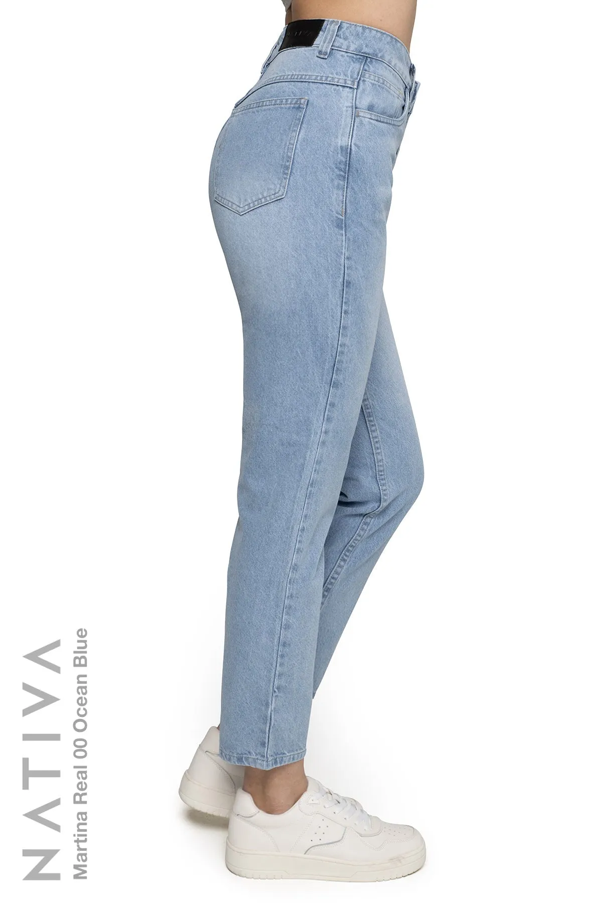 NATIVA, RIGID JEANS. MARTINA REAL 01 OCEAN BLUE, 100% True Denim Native Virgin Cotton, Ideal Comfort, Hi-Rise Relaxed Mom Jeans