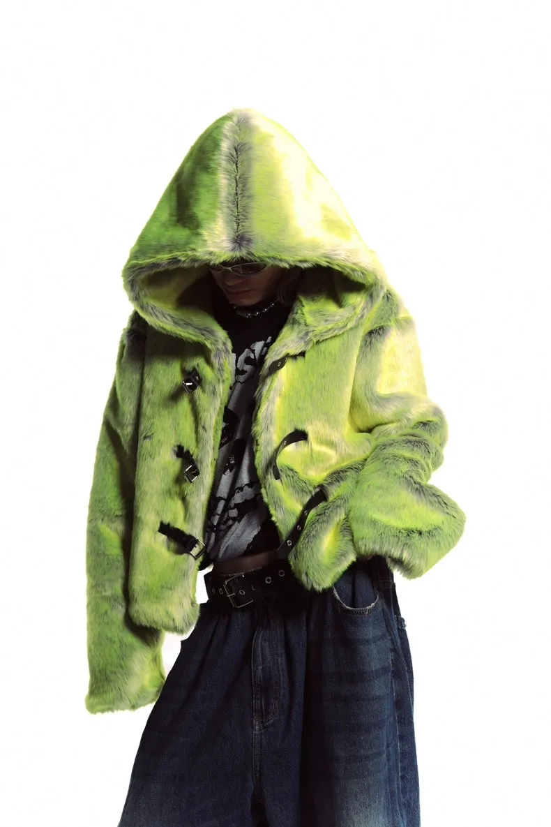 Neon faux fur hooded jacket green cropped luminous bomber fuzzy rave coat burning man pullover