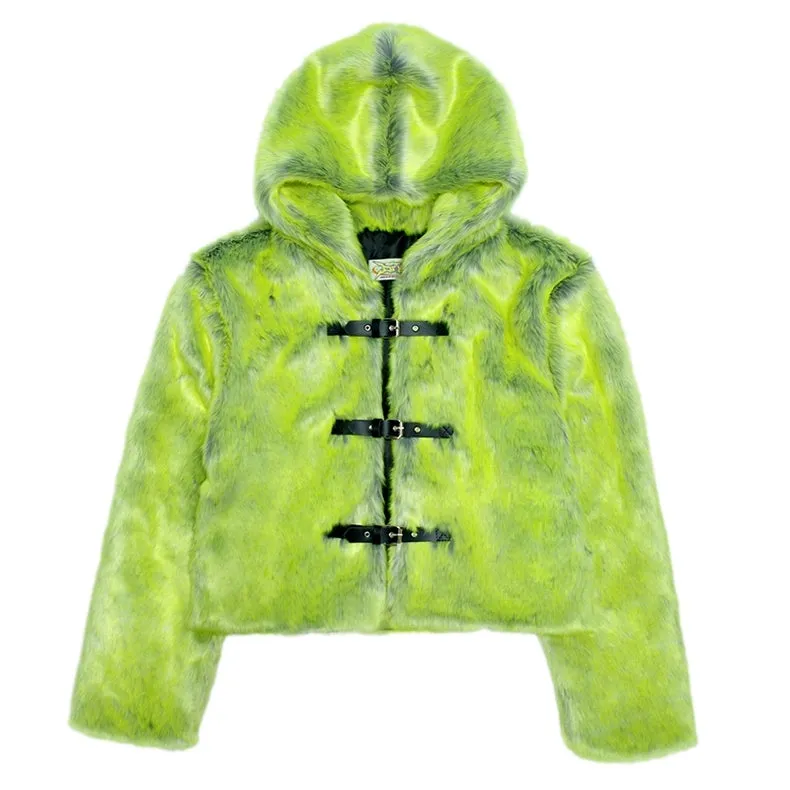 Neon faux fur hooded jacket green cropped luminous bomber fuzzy rave coat burning man pullover