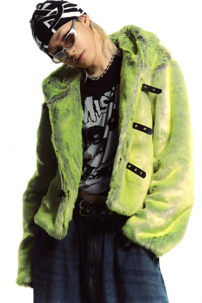 Neon faux fur hooded jacket green cropped luminous bomber fuzzy rave coat burning man pullover