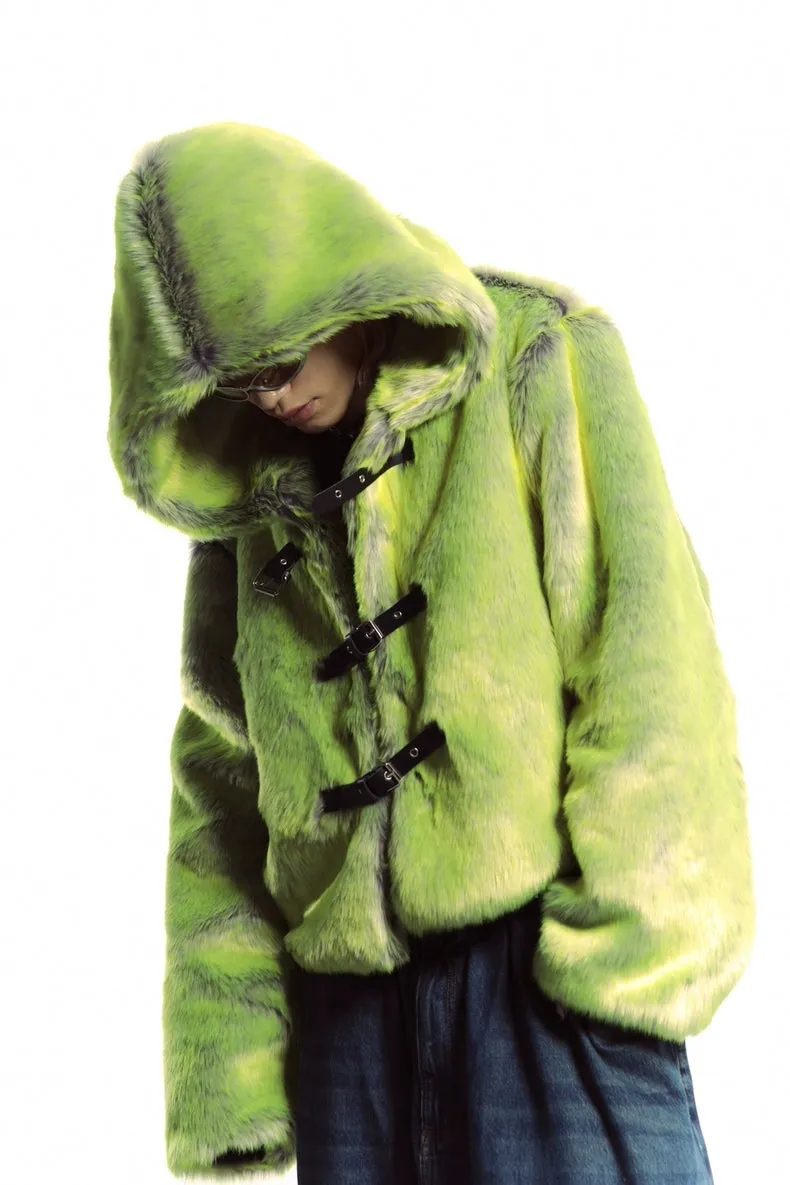 Neon faux fur hooded jacket green cropped luminous bomber fuzzy rave coat burning man pullover