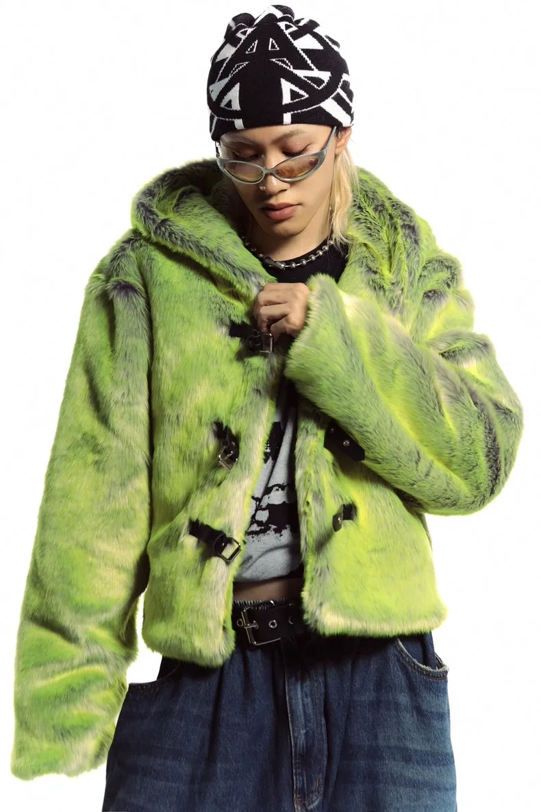 Neon faux fur hooded jacket green cropped luminous bomber fuzzy rave coat burning man pullover