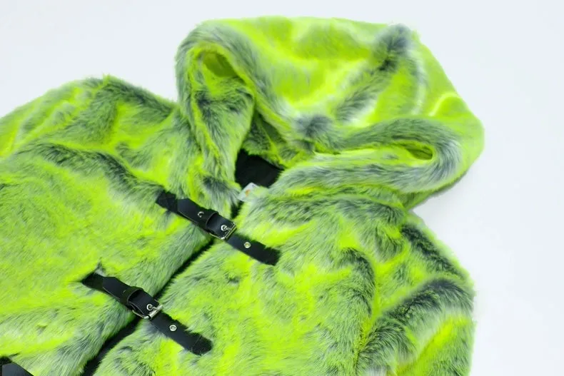 Neon faux fur hooded jacket green cropped luminous bomber fuzzy rave coat burning man pullover