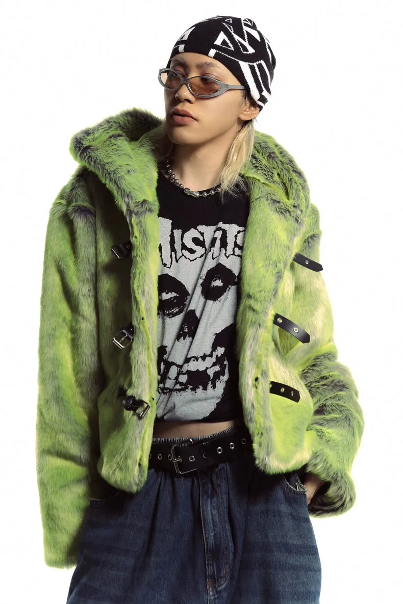 Neon faux fur hooded jacket green cropped luminous bomber fuzzy rave coat burning man pullover