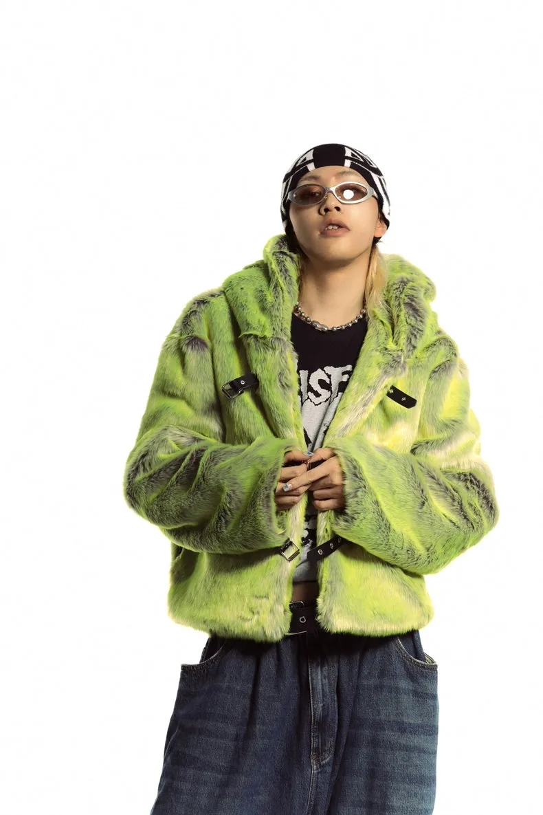 Neon faux fur hooded jacket green cropped luminous bomber fuzzy rave coat burning man pullover