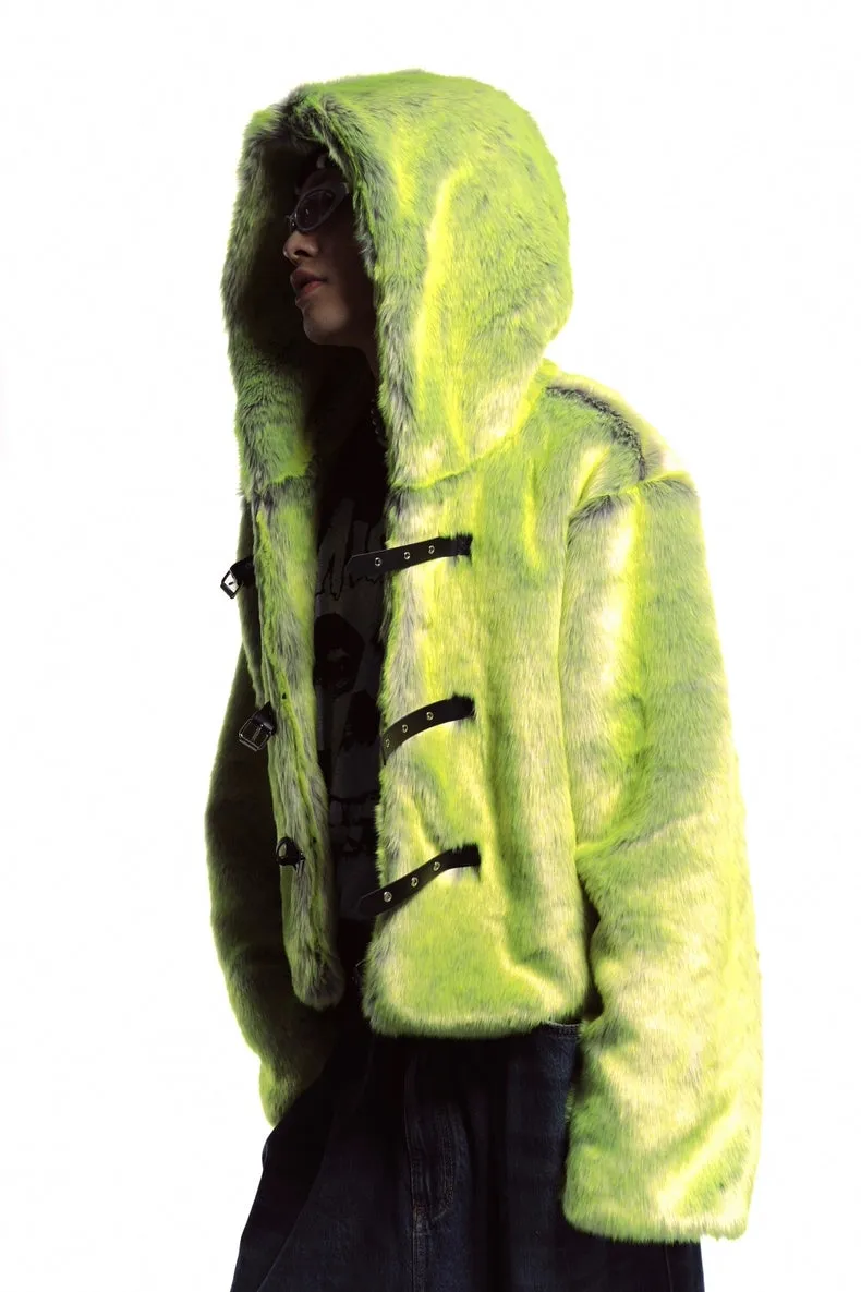 Neon faux fur hooded jacket green cropped luminous bomber fuzzy rave coat burning man pullover