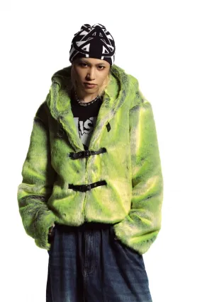 Neon faux fur hooded jacket green cropped luminous bomber fuzzy rave coat burning man pullover