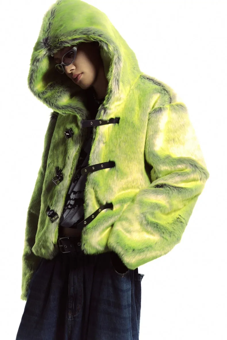 Neon faux fur hooded jacket green cropped luminous bomber fuzzy rave coat burning man pullover