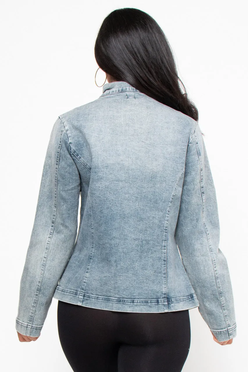 Open Front Denim Jacket with Button Accent