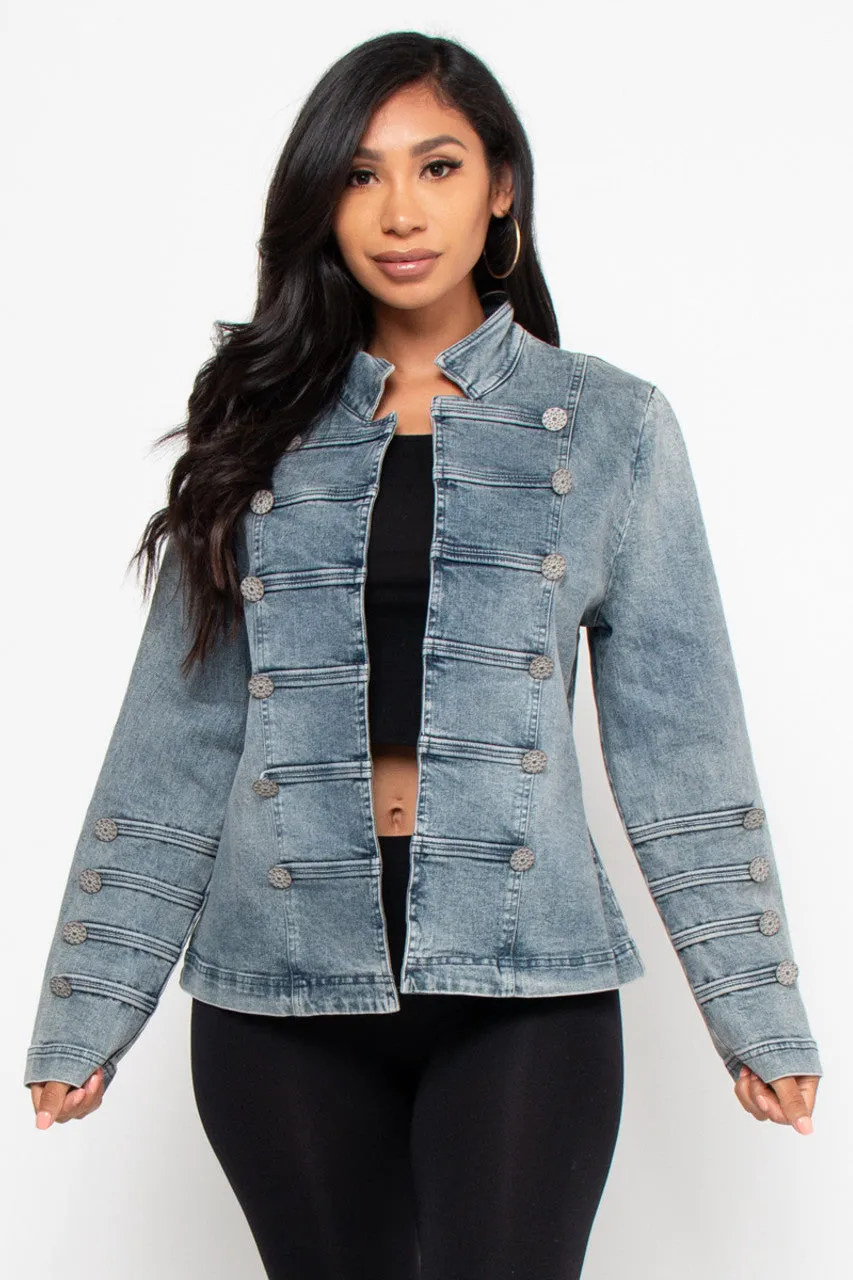 Open Front Denim Jacket with Button Accent