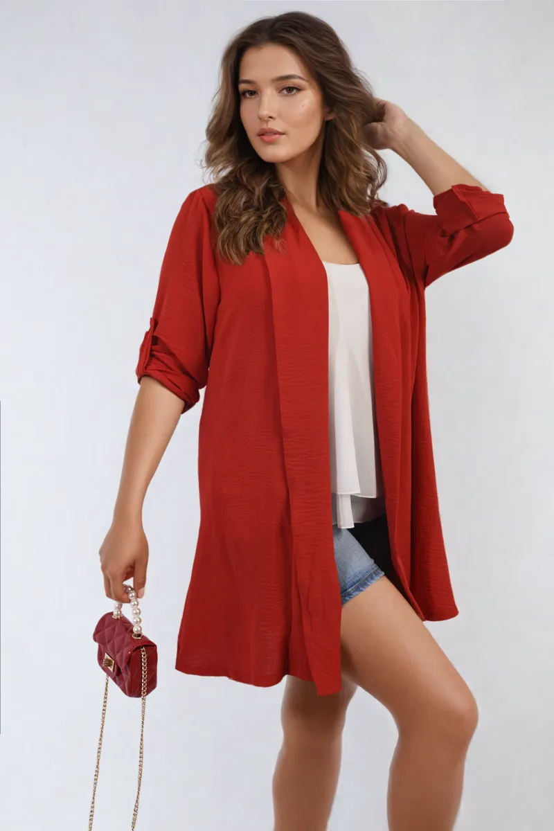 Open Front Roll Up Sleeve Cardigan