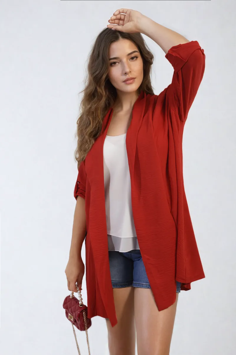 Open Front Roll Up Sleeve Cardigan