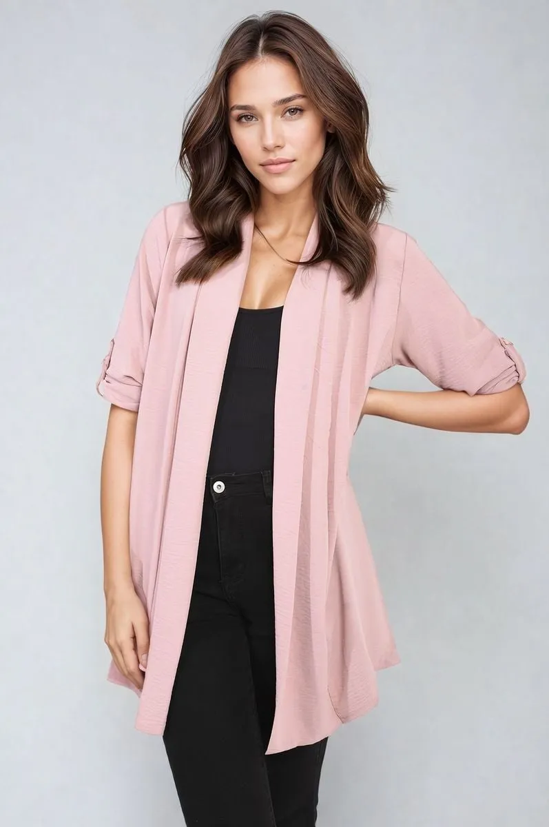 Open Front Roll Up Sleeve Cardigan