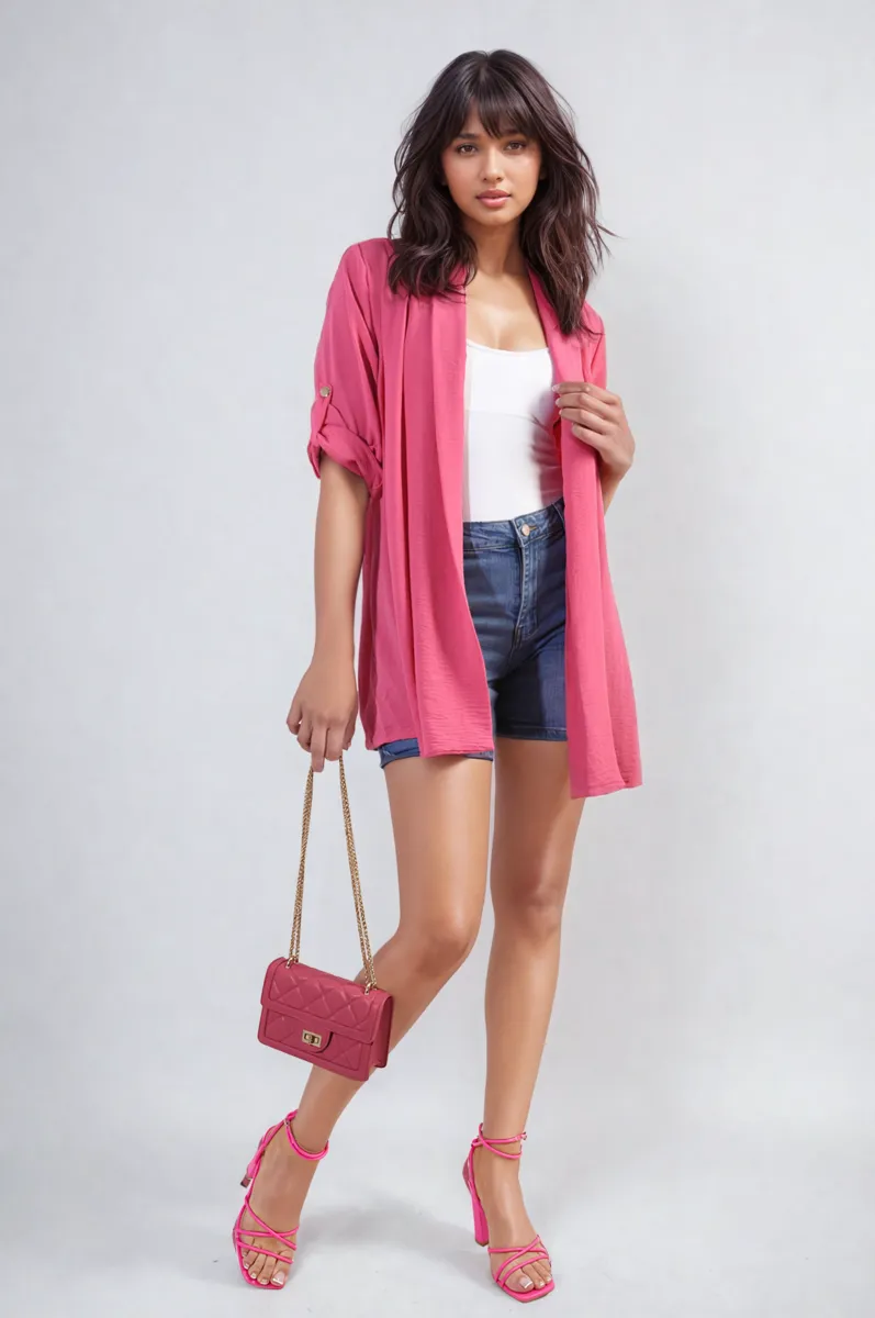 Open Front Roll Up Sleeve Cardigan