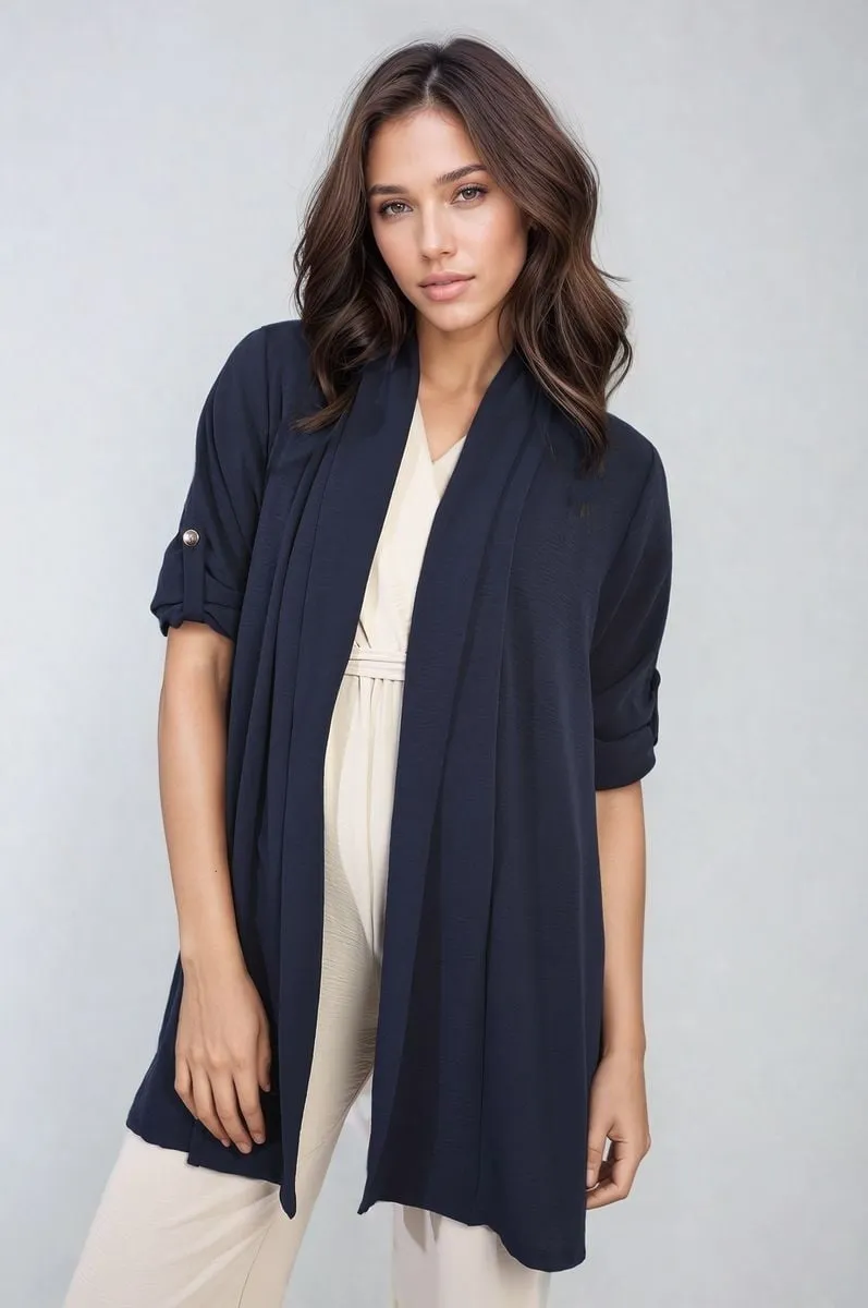 Open Front Roll Up Sleeve Cardigan