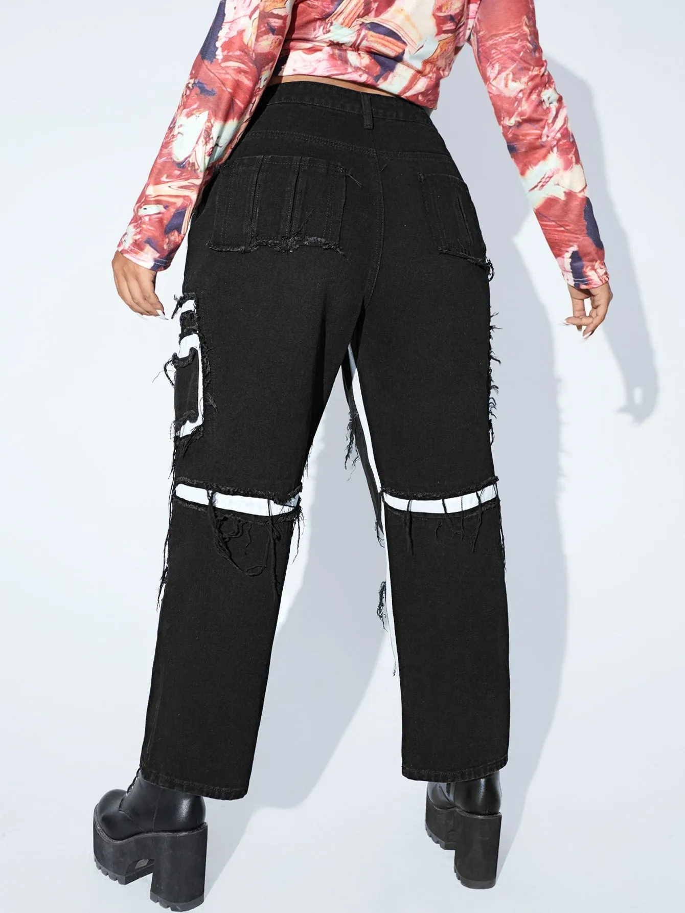 Patchwork Ripped High Waist Long Plus Size Jeans