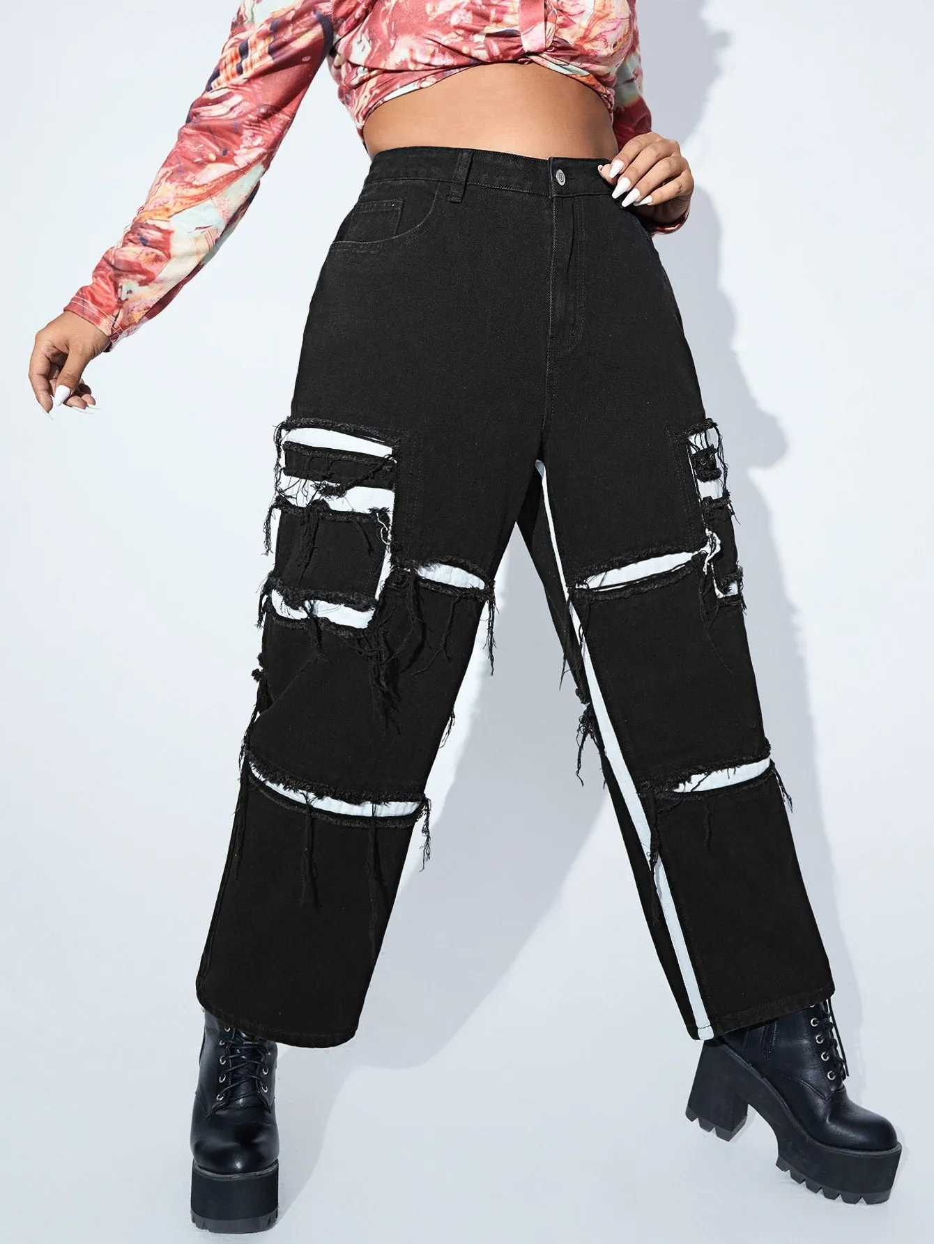 Patchwork Ripped High Waist Long Plus Size Jeans