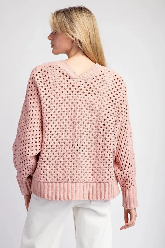 Plus - Long Sleeve Crochet Open Front Cardigan DUSTY ROSE