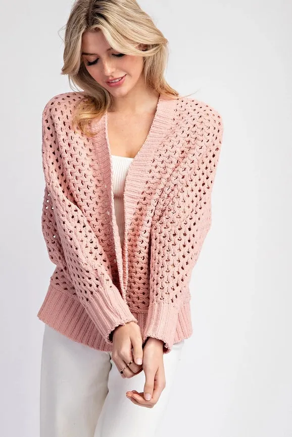 Plus - Long Sleeve Crochet Open Front Cardigan DUSTY ROSE