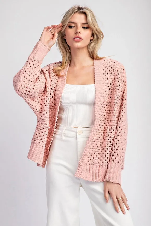 Plus - Long Sleeve Crochet Open Front Cardigan DUSTY ROSE