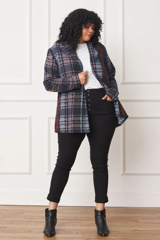 Plus Size Multi Color Plaid Elbow Patch Cardigan