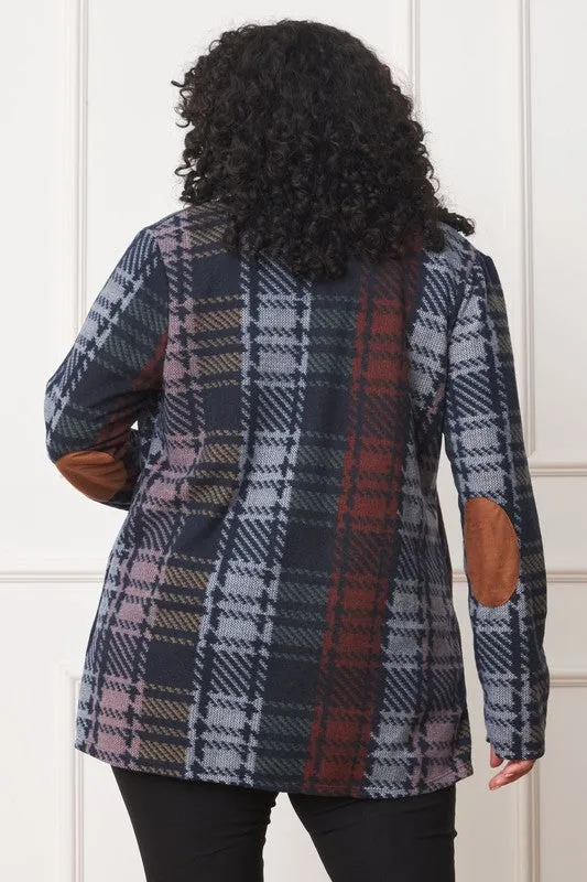 Plus Size Multi Color Plaid Elbow Patch Cardigan