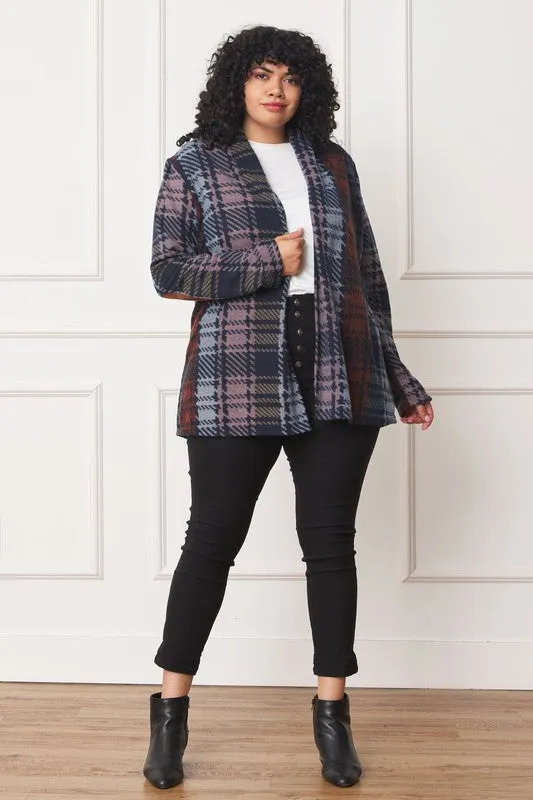 Plus Size Multi Color Plaid Elbow Patch Cardigan