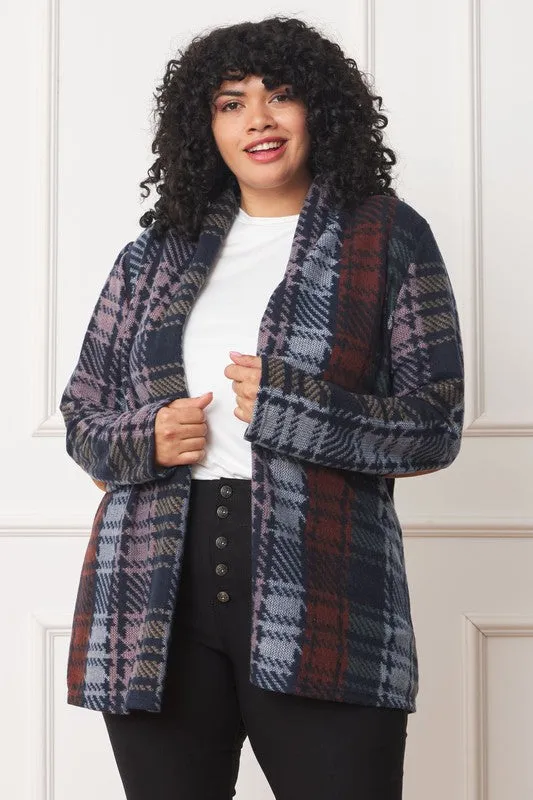 Plus Size Multi Color Plaid Elbow Patch Cardigan