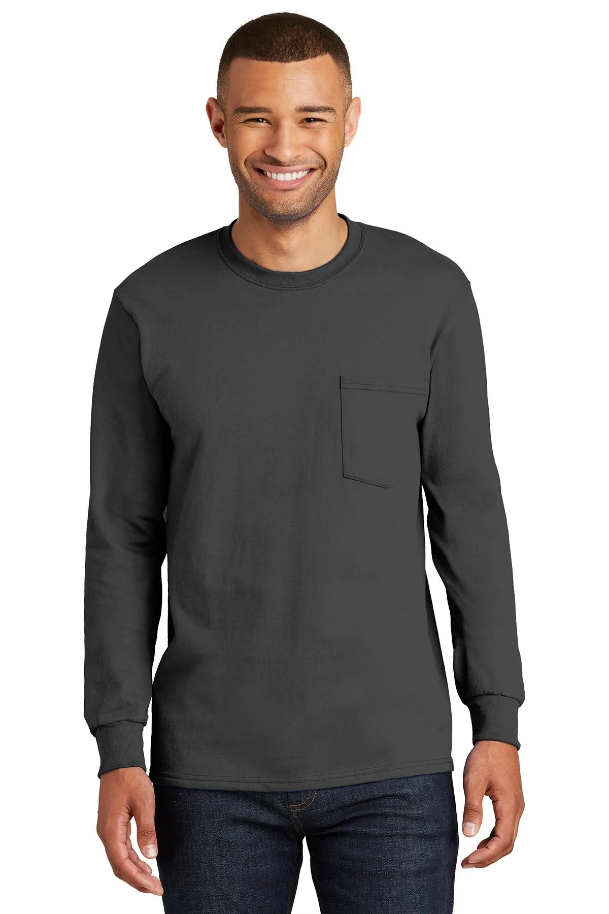 Port & Company Tall Long Sleeve Custom Essential Pocket Tee's, Charcoal