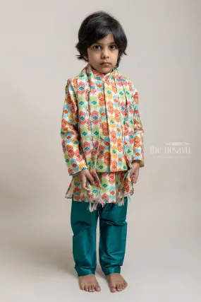 Pretty Green Abstract Printed Boys Kurta With Over coat And Dupatta Set