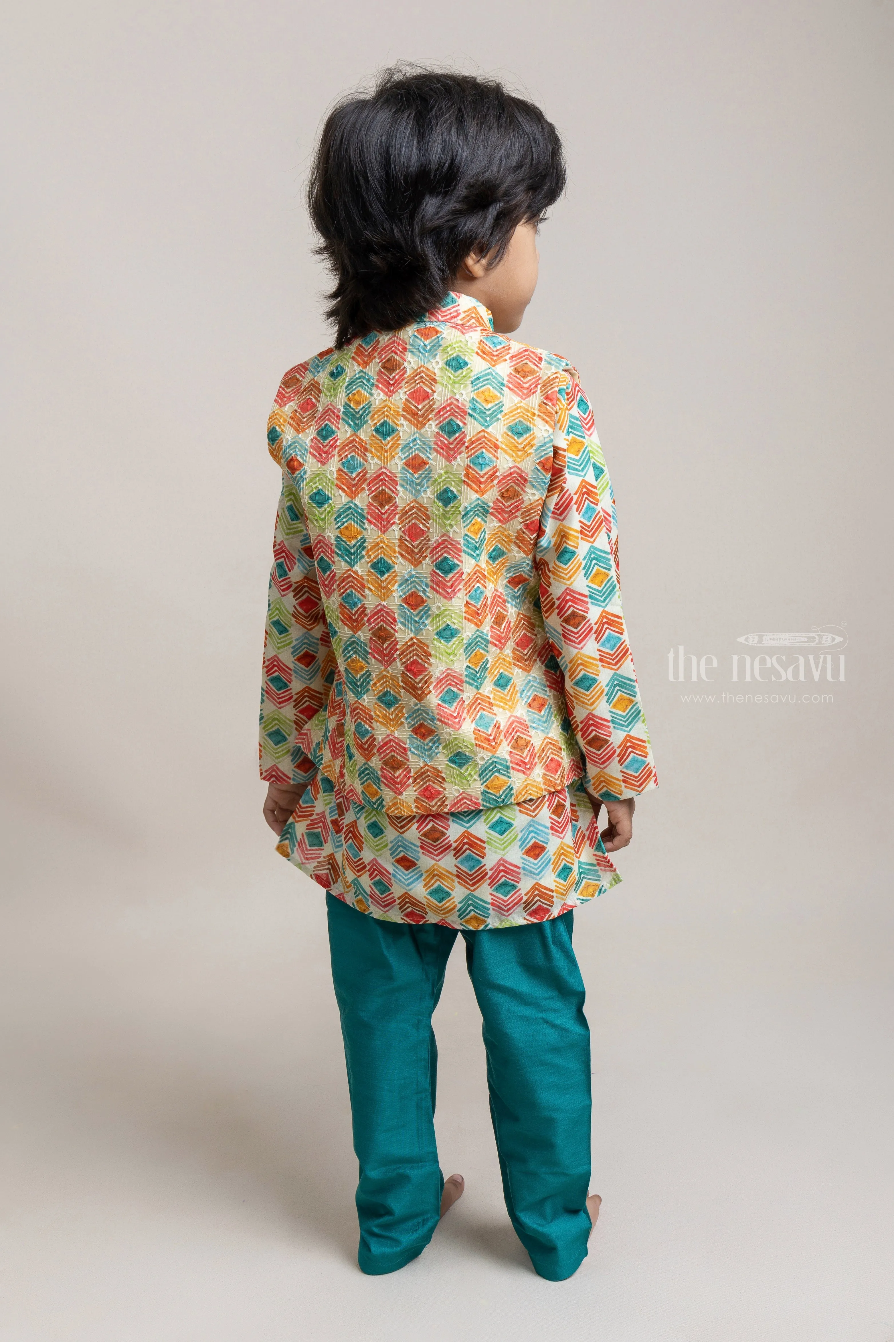 Pretty Green Abstract Printed Boys Kurta With Over coat And Dupatta Set