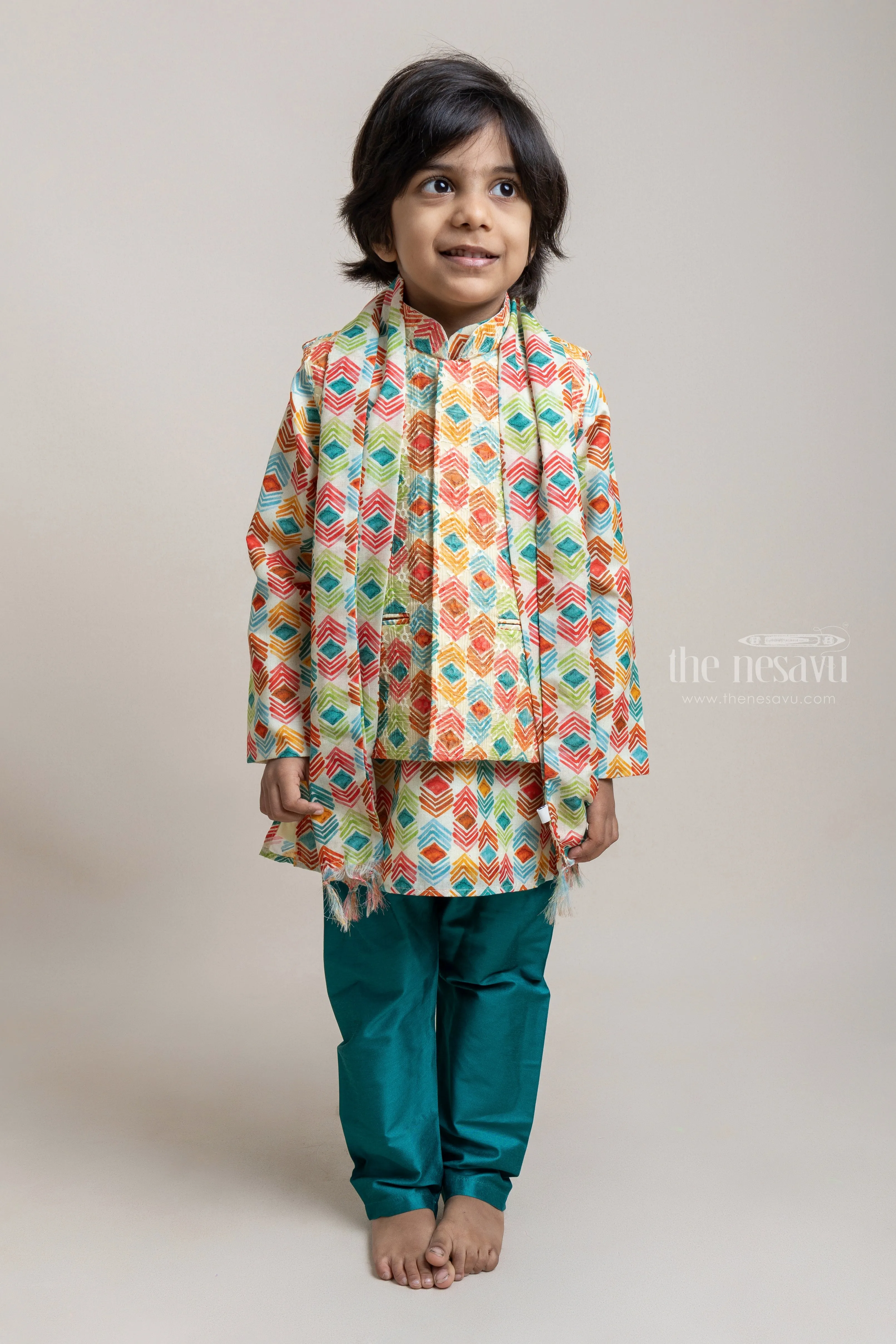 Pretty Green Abstract Printed Boys Kurta With Over coat And Dupatta Set