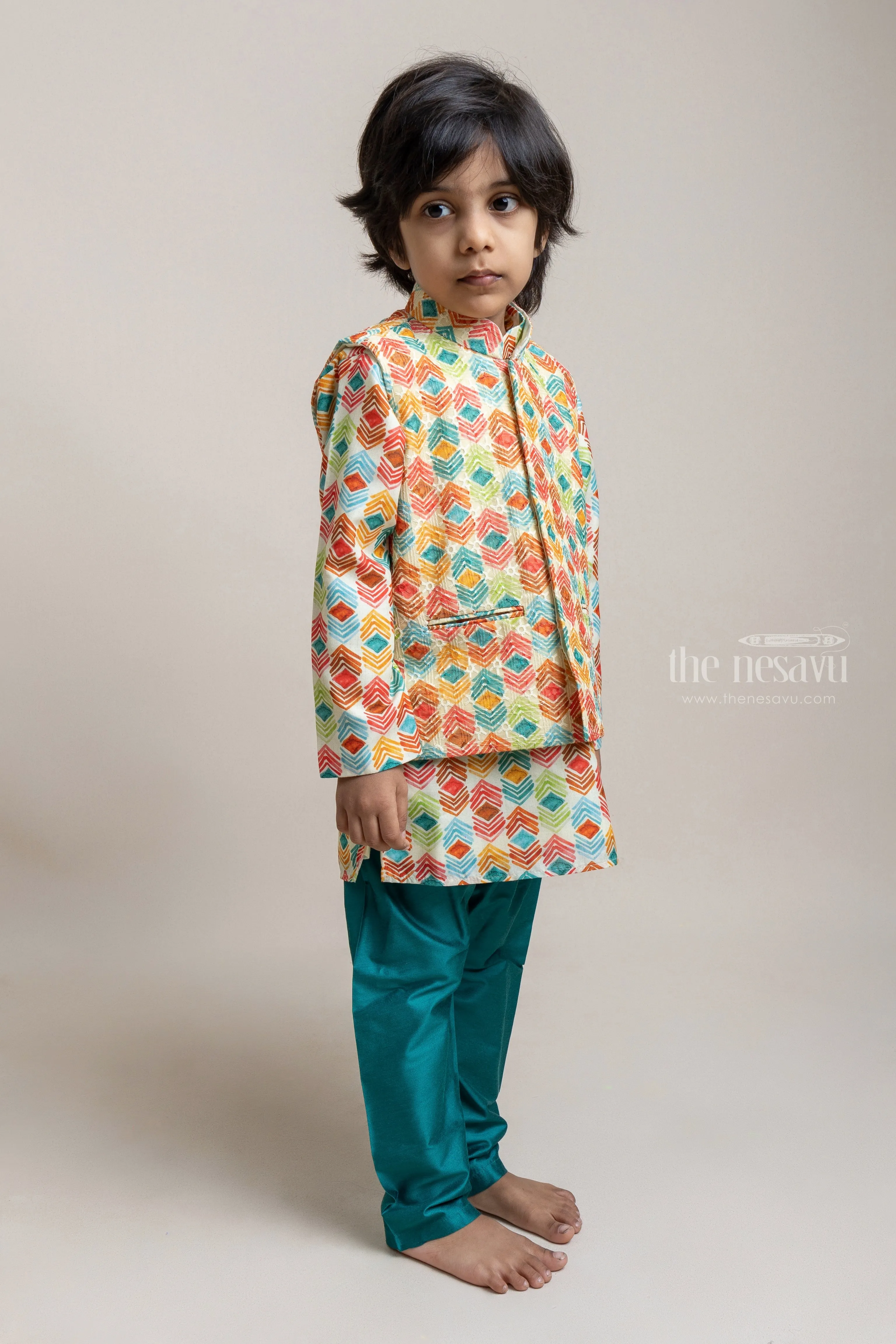 Pretty Green Abstract Printed Boys Kurta With Over coat And Dupatta Set