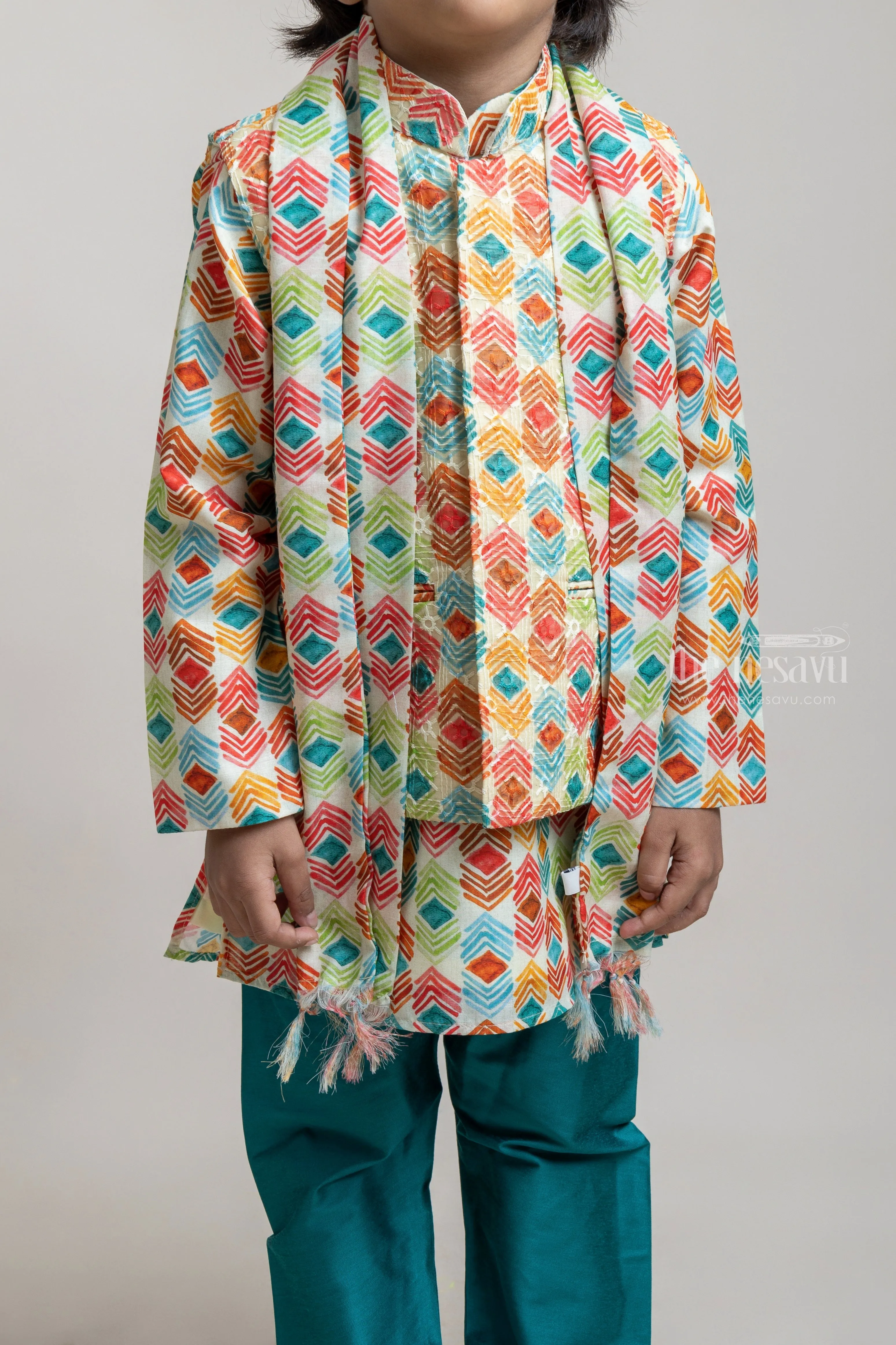 Pretty Green Abstract Printed Boys Kurta With Over coat And Dupatta Set