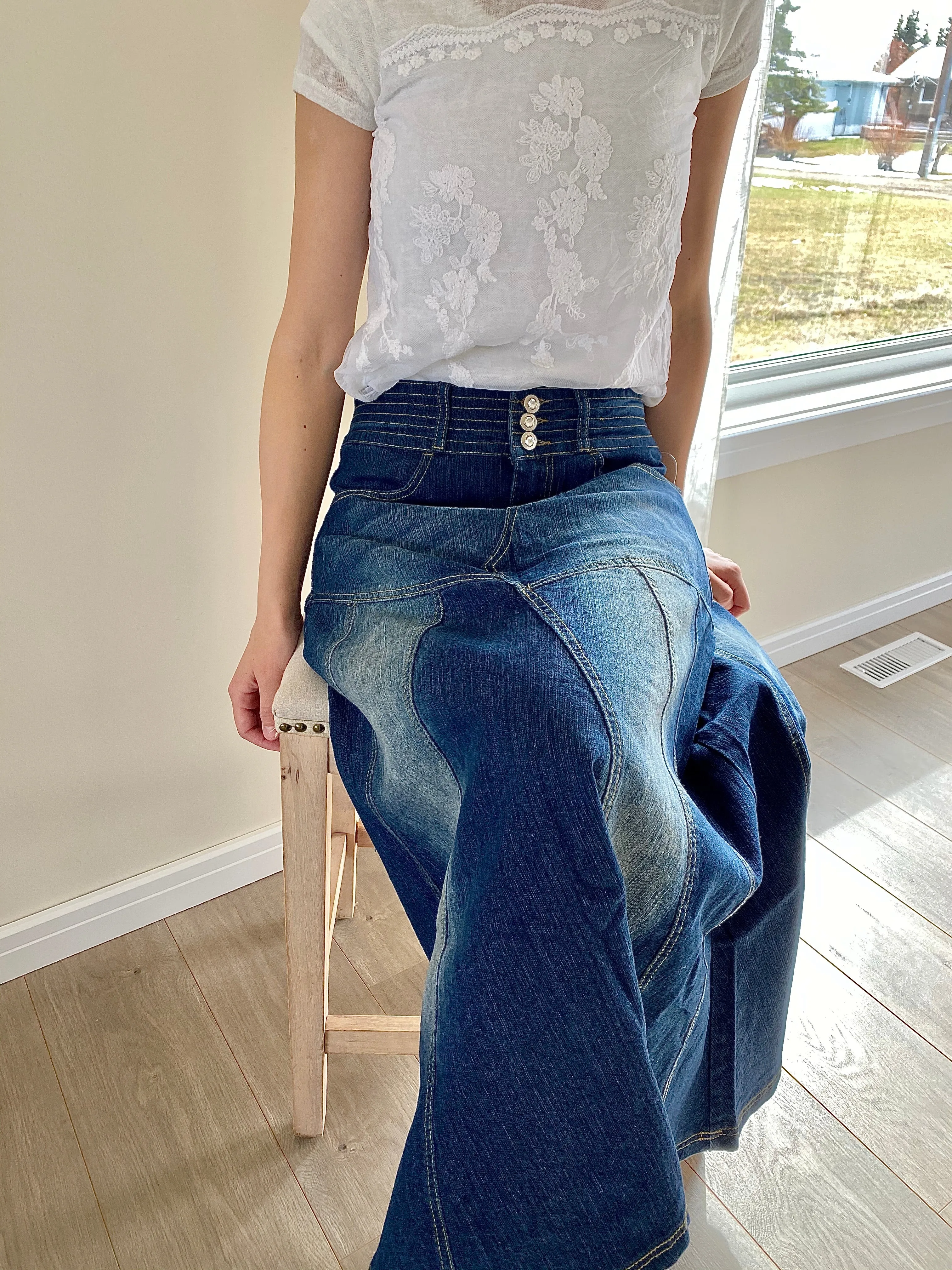 "Amelia" Long Denim Flare Skirt With Washed Out Effect -CLEARANCE