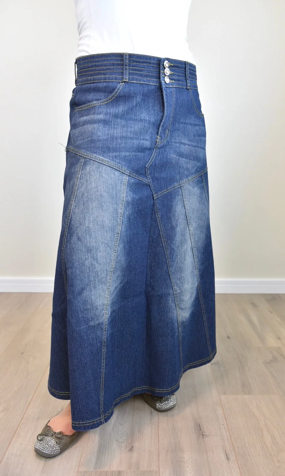 "Amelia" Long Denim Flare Skirt With Washed Out Effect -CLEARANCE