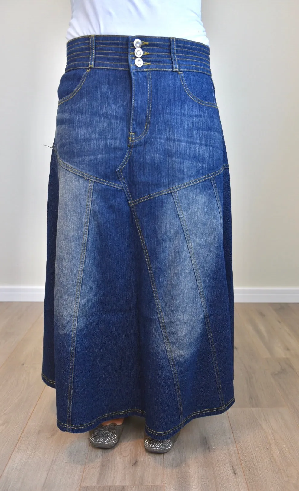 "Amelia" Long Denim Flare Skirt With Washed Out Effect -CLEARANCE