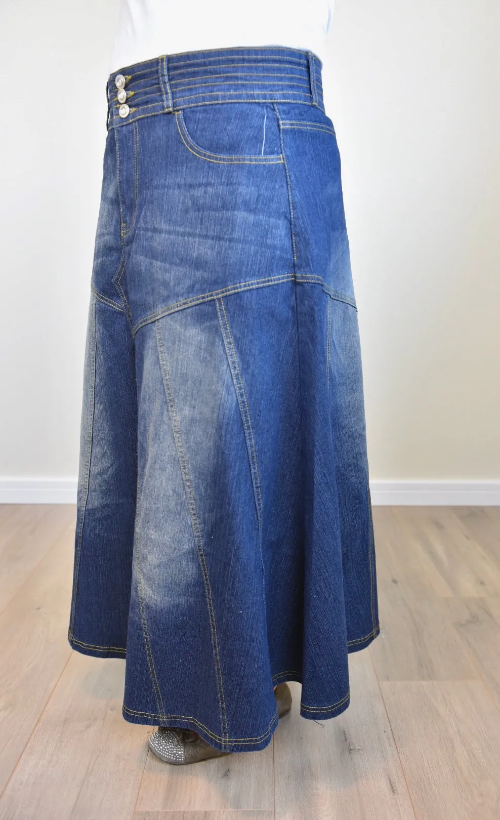 "Amelia" Long Denim Flare Skirt With Washed Out Effect -CLEARANCE