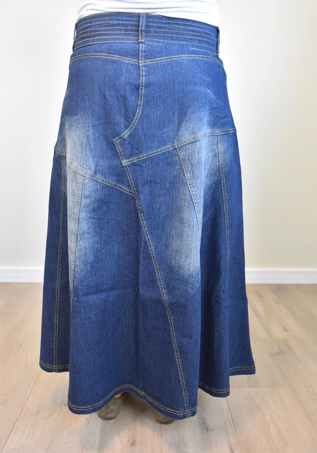 "Amelia" Long Denim Flare Skirt With Washed Out Effect -CLEARANCE