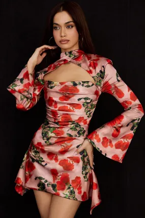 Rose Printed High Neck Cutout Long Sleeve Mini Dress - Red