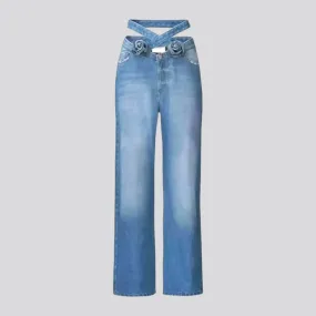 Sanded women's belt-waistline jeans