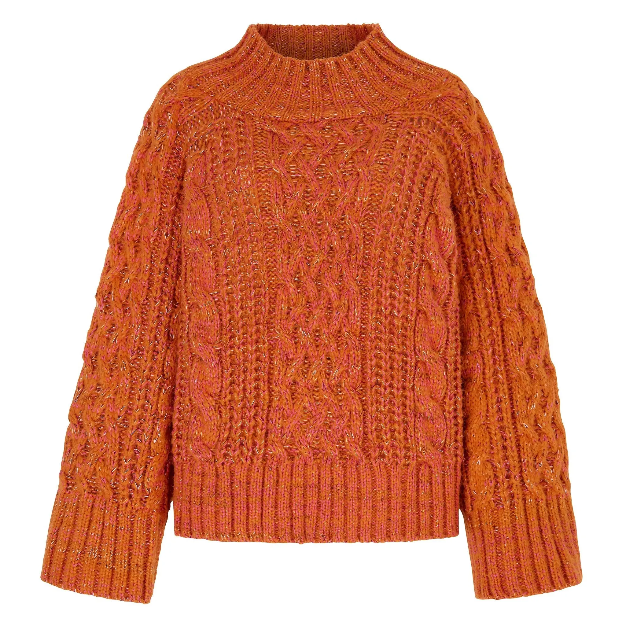 Sarah Cable Wide Sleeve Knit High Neck Jumper - Orange