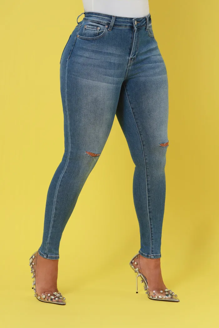 Side To Side High Rise Distressed Hourglass Skinny Jeans - Medium Wash No.320