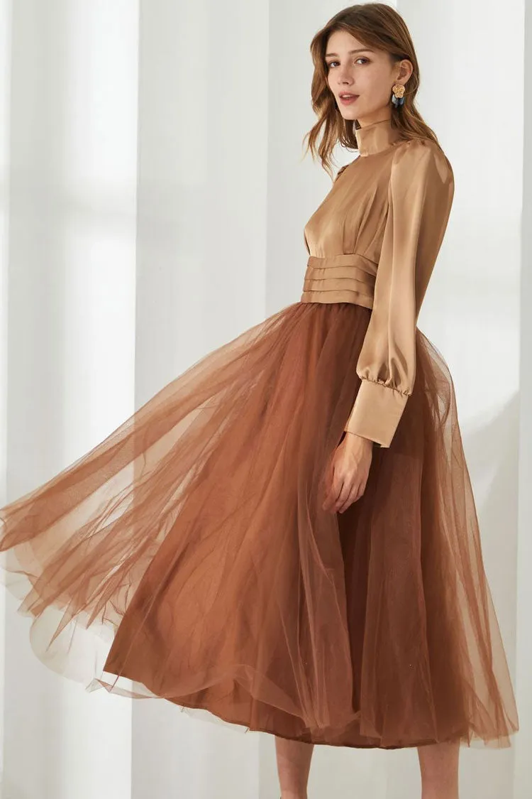 Silky Satin High Neck Long Sleeve High Waist Tulle Cocktail Midi Dress - Khaki