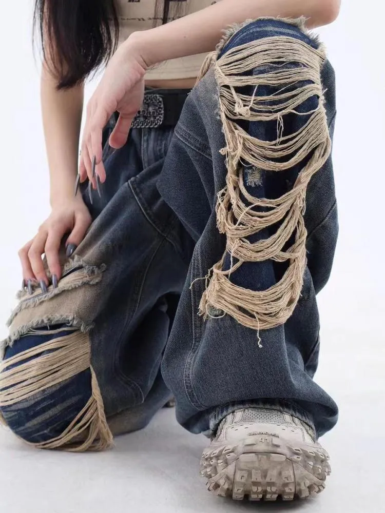 Tawaaiw Ripped Jeans For Women 2023 Summer Korean Fashion High Waist Boyfriend Jeans For Women Gothic Baggy Loose Denim Pants