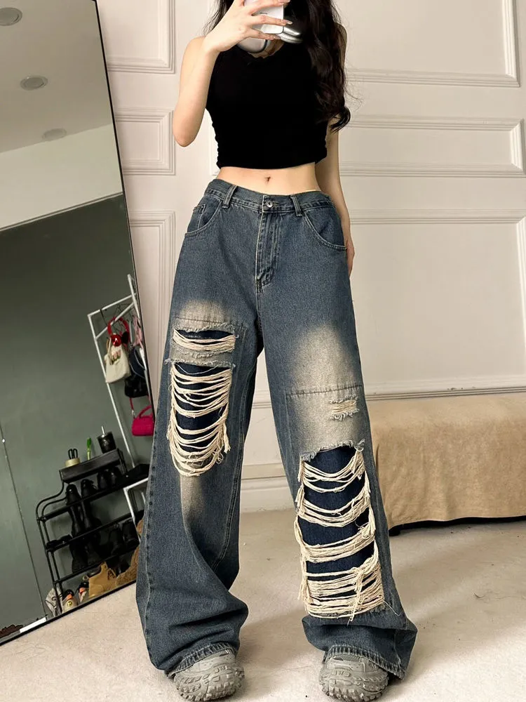 Tawaaiw Ripped Jeans For Women 2023 Summer Korean Fashion High Waist Boyfriend Jeans For Women Gothic Baggy Loose Denim Pants