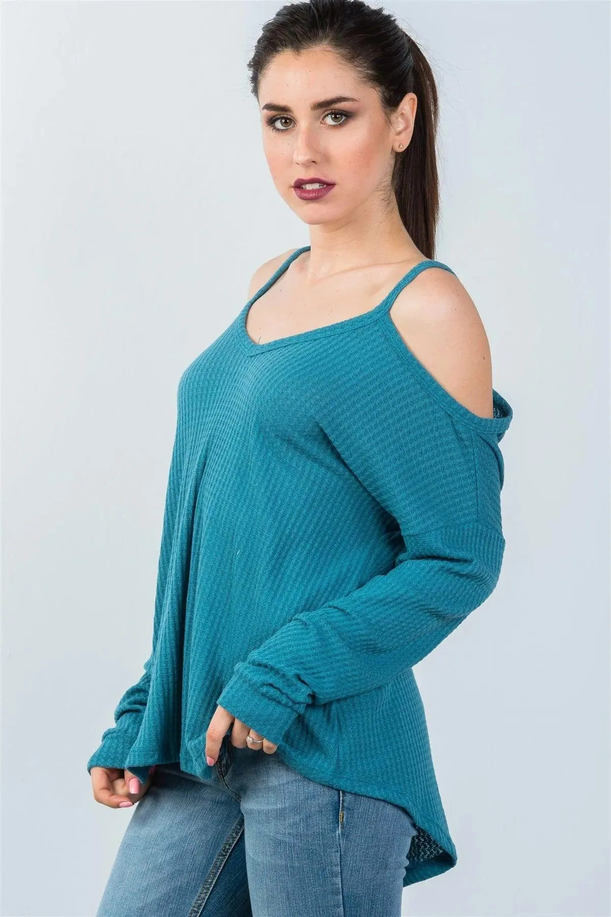 Teal High Low Cold Shoulder Top /3-2-1