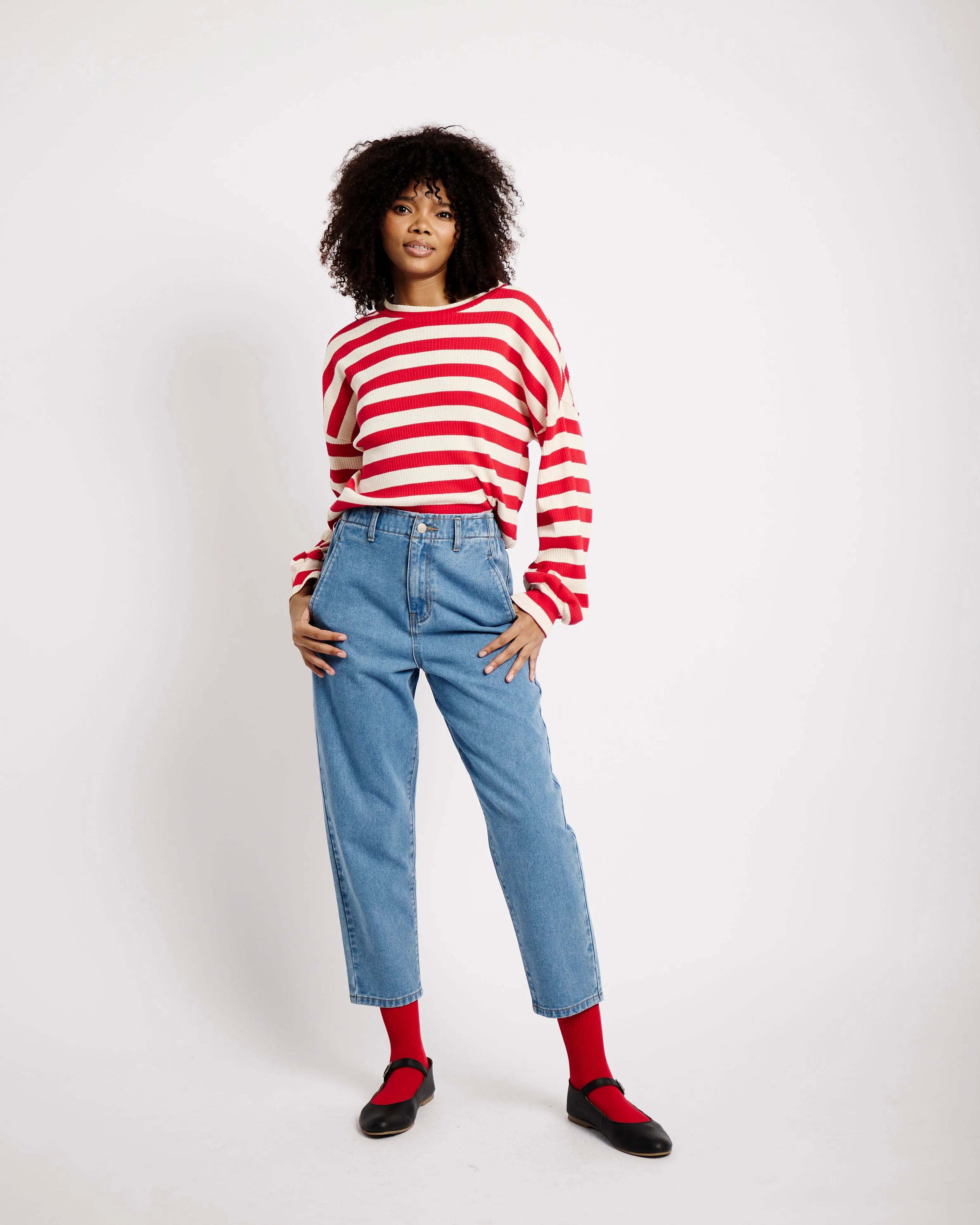 The Slouchy Rib Knit Top in Red and Cream Stripe